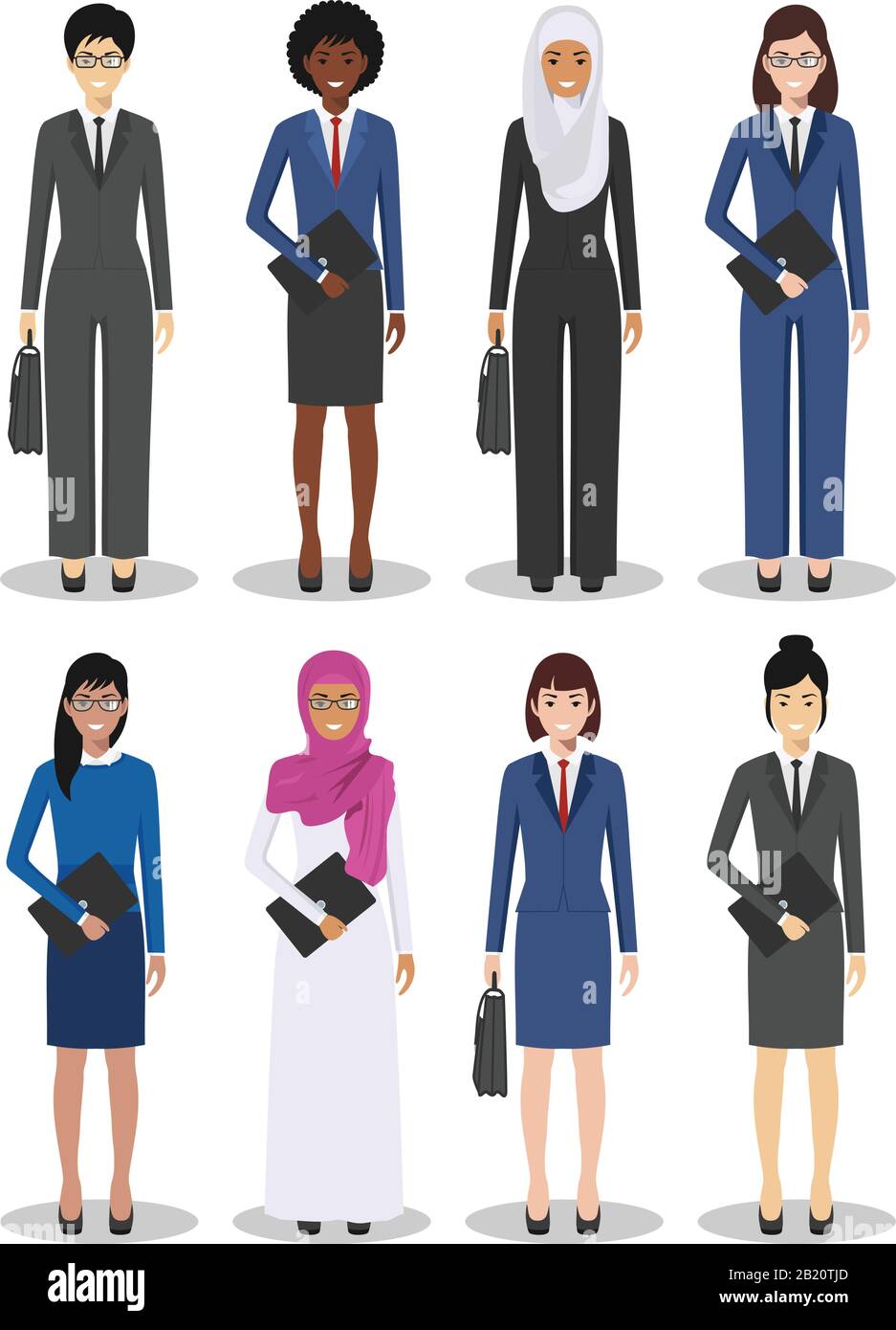 Business Team- und Teamwork-Konzept. Satz verschiedener detaillierter Illustrationen von Geschäftsfrauen in flachem Stil auf weißem Hintergrund. Verschiedene Nationalitäten Stock Vektor