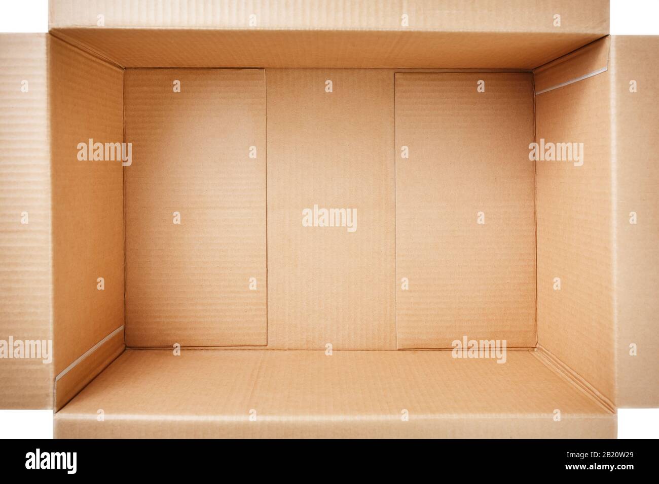 Leerer Karton, Innenansicht. Freier Platz für Ladung, Paket und Geschenk. Karton auf weißem Hintergrund öffnen. Draufsicht. Stockfoto