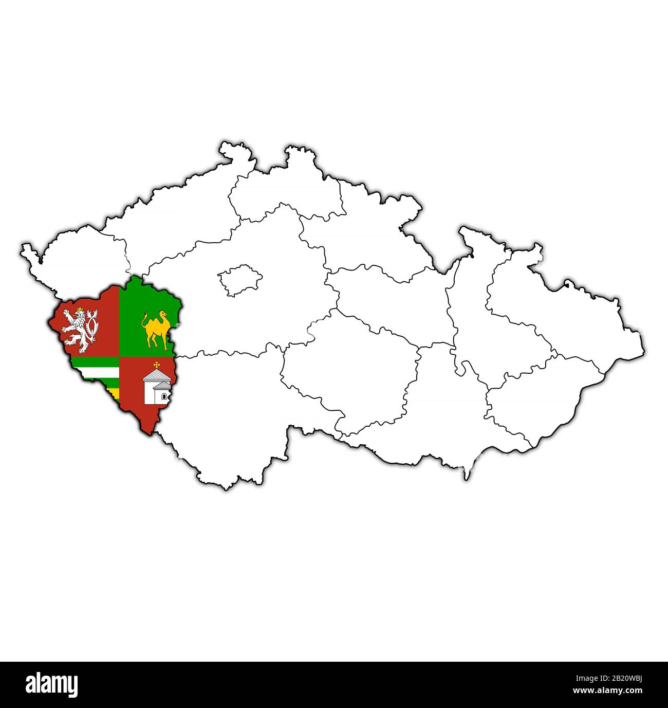 Emblem der region plzen auf Karte mit administrativen Einteilungen und Grenzen Tschechiens Stockfoto