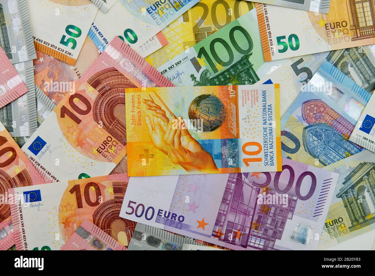 10 Schweizer Franken, Euroschein Stockfoto