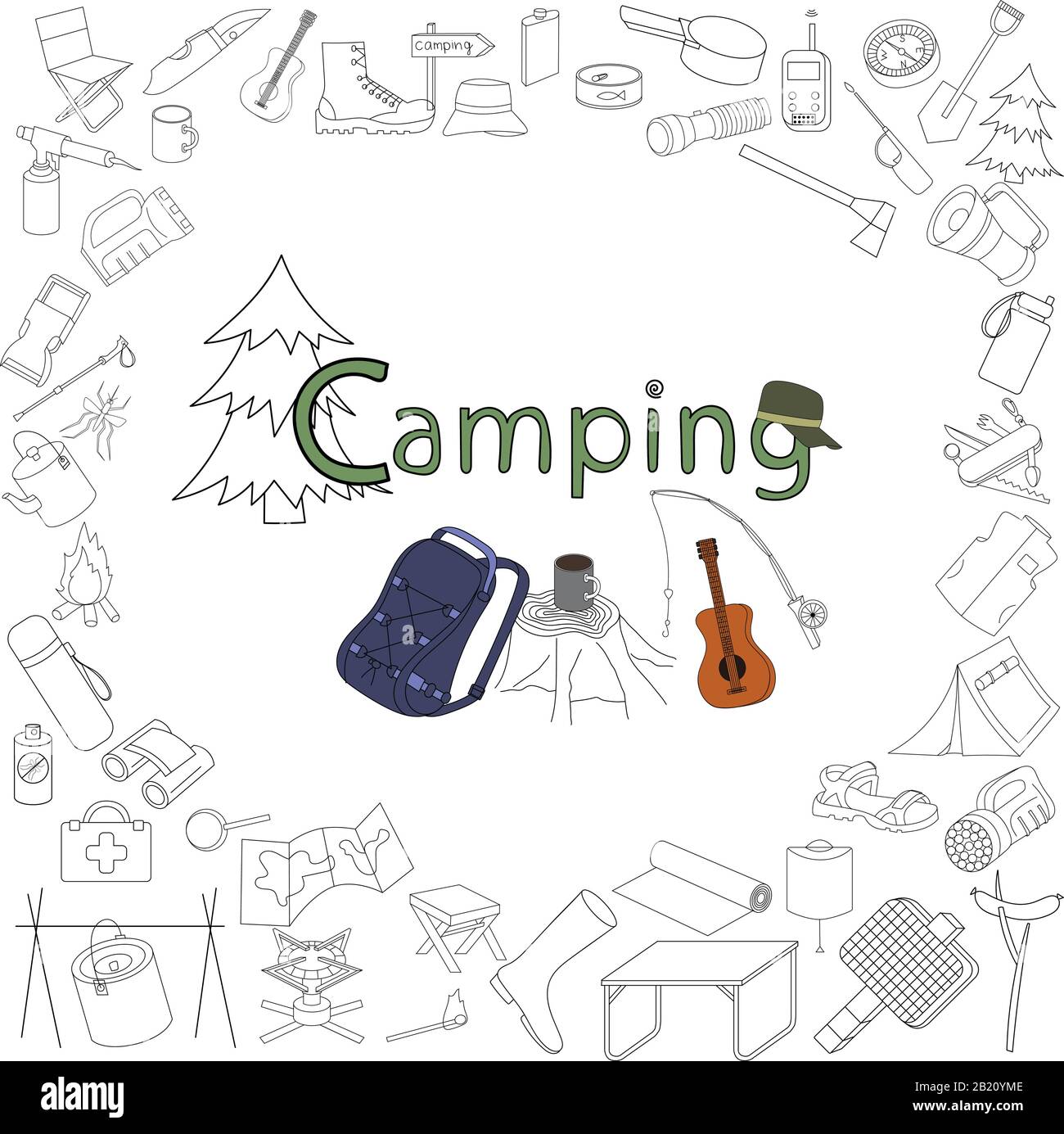 Camping-Ikonen auf Weiß, Picknick, Reise und Camping Thema. Stock Vektor