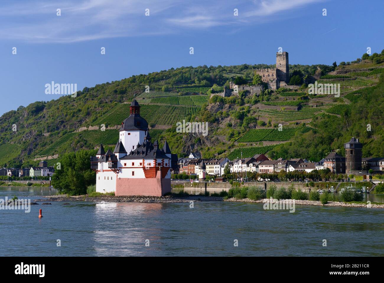 Burg Pfalzgrafenstein mit Burg Gutenfels, Kaub, Oberes Mittelrheintal, Rheinland-Pfalz, Deutschland Stockfoto