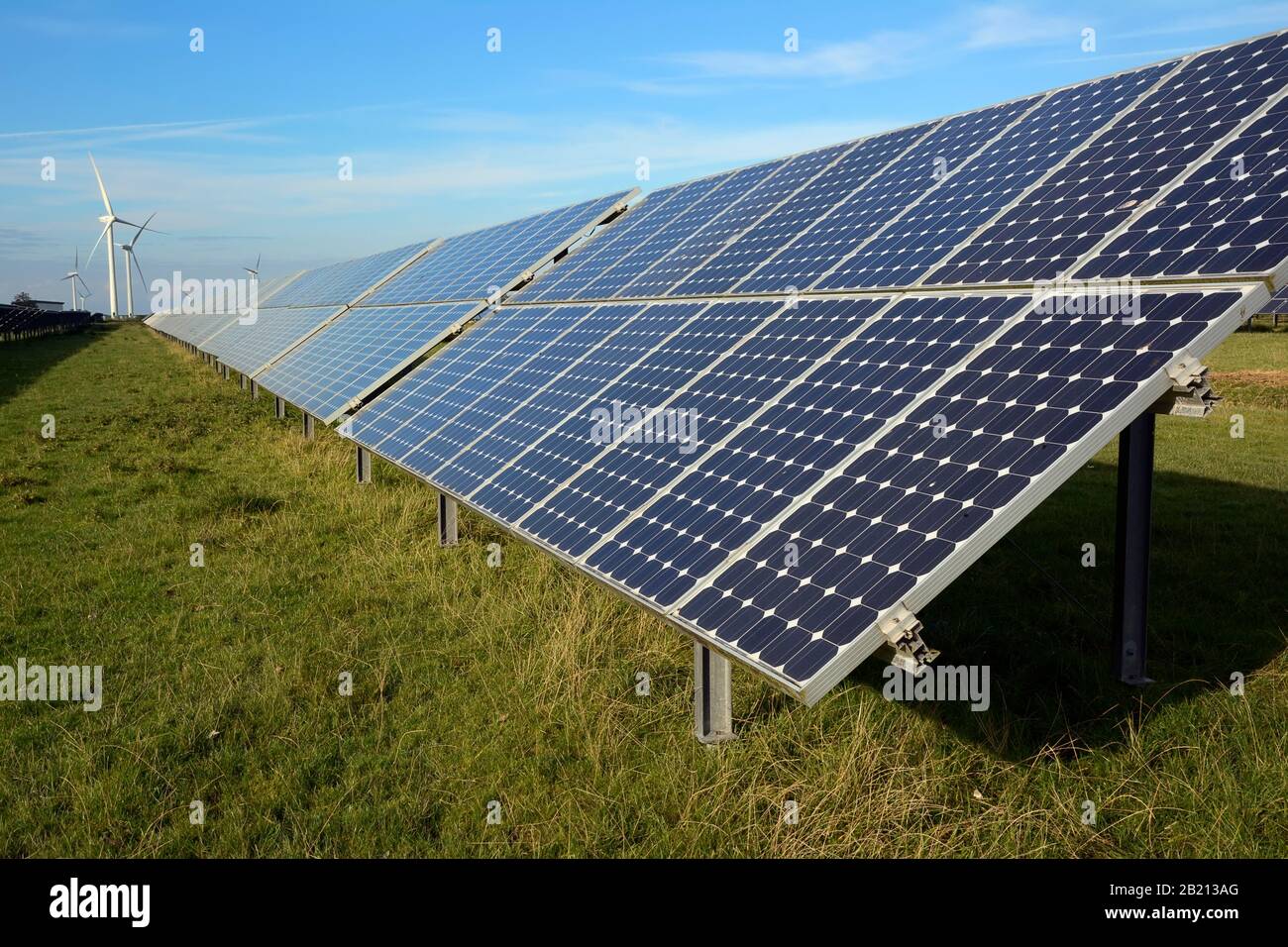 Erneuerbare Energien: Photovoltaikanlage, Solaranlage und Windpark im Hintergrund, Schleswig-Holstein, Deutschland Stockfoto