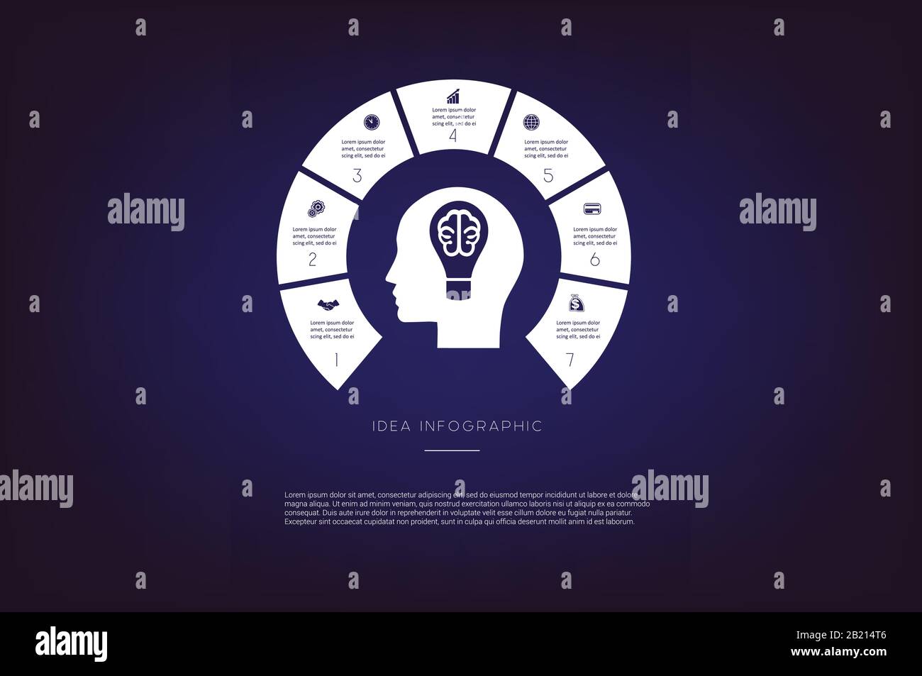 Kopf, Glühbirne, Gehirn. Konzeptabbildung oder Hintergrund. Infografik zur Idee. Vektor Monochrom-Vorlage 7 Positionen für Textbereich, Verwendung möglich f Stock Vektor