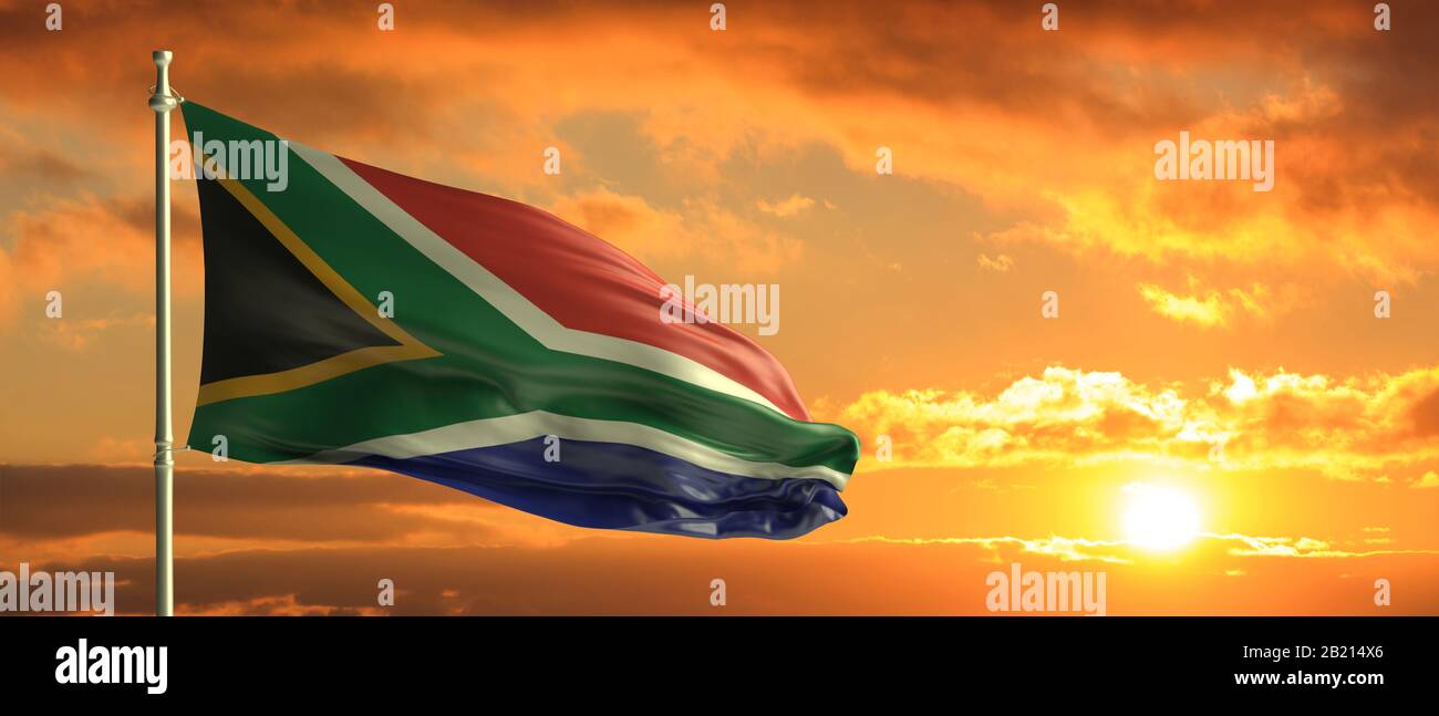 Zeichen für Südafrika, Symbol. Südafrikanische Flagge schwenkt auf einen Pfosten, blauer Himmel mit Wolken Hintergrund. 3D-Abbildung Stockfoto