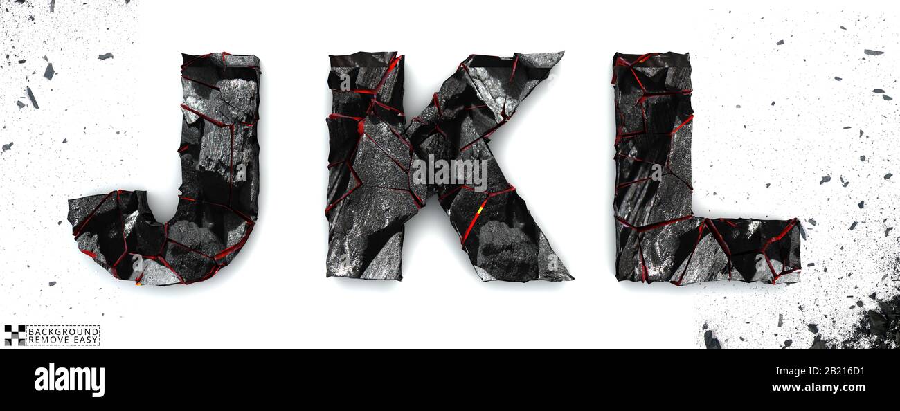 Kohlebriefe J, K, L, auf weißem Hintergrund, 3D-Rendering, isoliert. Mitgliedsalphabet isoliert, Pfad gespeichert, Schriftart. Stockfoto