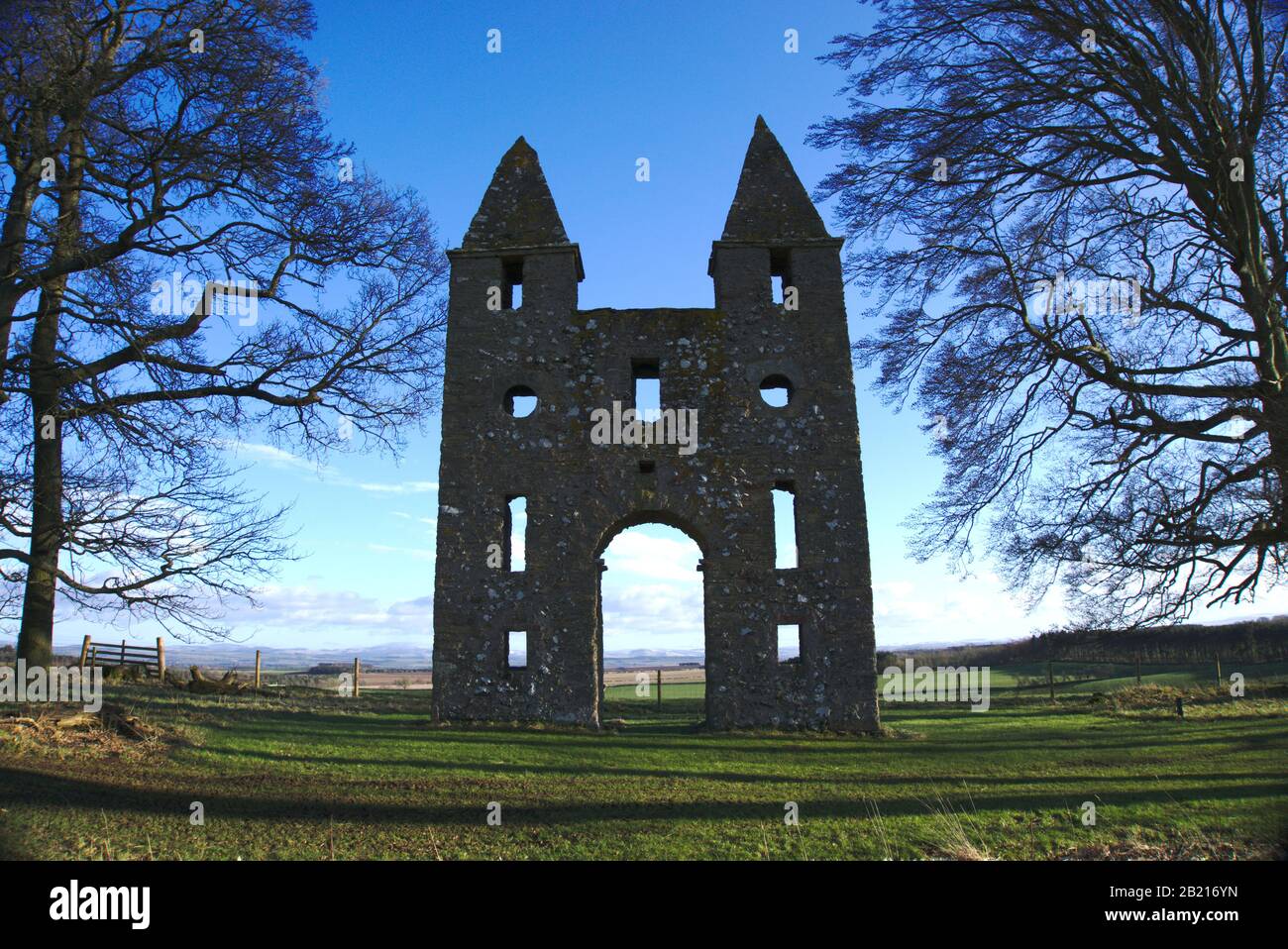 Gothic Torly neben dem Hundy Mundy Waldbegräbnisplatz auf dem Mellerstein-Anwesen in der Nähe von Kelso, Scottish Borders, Großbritannien Stockfoto