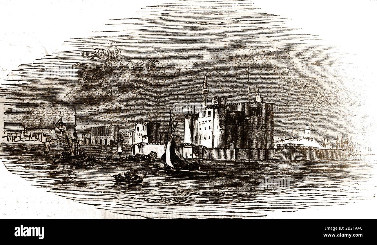Blick auf Die Zitadelle der Qaitbucht, Alexandria, die zweitgrößte Stadt Ägyptens vor 1900 (aus einem alten Lehrbuch). Sie wurde 1477 n. Chr. von Sultan Al-Ashraf Sayf al-Din Qa'it Bay gegründet und enthielt eine Moschee. Stockfoto