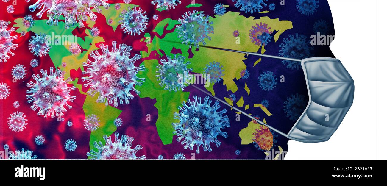Pandemie-Virus-Ausbruch mit China Europa und den Vereinigten Staaten Grippeausbruch und ansteckende neuartige medizinische Krise der Coronavirus Influenza als Weltöffentlichkeit. Stockfoto