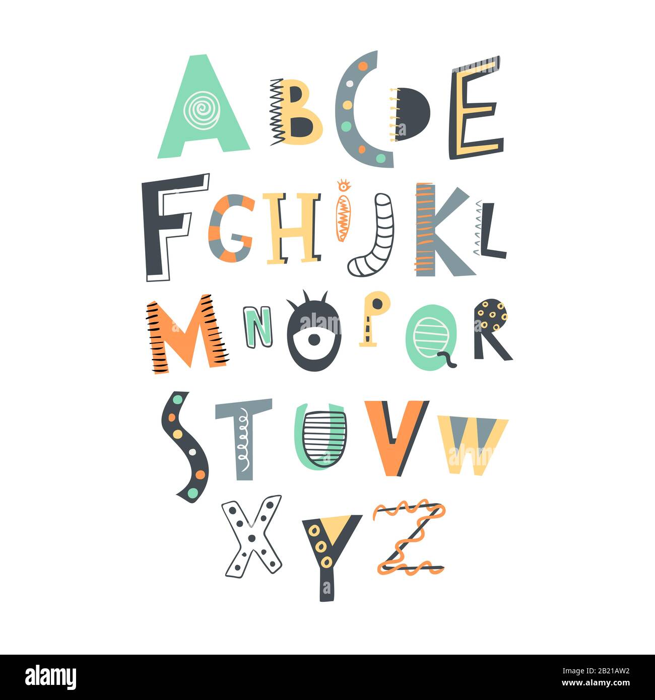 Süßes skandinavisches Alphabet. ABC. Lustige kindliche Schrift. Vektorgrafiken. Stock Vektor