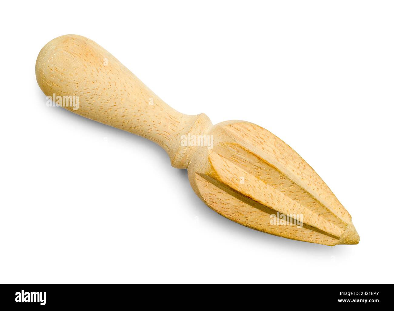 Wood Hand Juicer Top View Isoliert auf weißem Hintergrund. Stockfoto