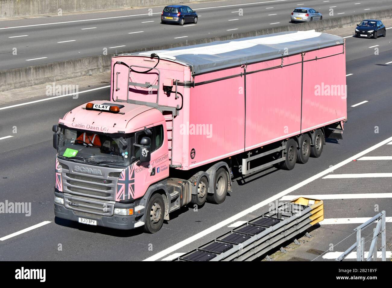 Blick auf die Seite und die Vorderseite des rosafarbenen lkw-LKW-Staplers hgv Scania mit Fahrer und Gelenkanhänger von Robinsons aus Worcester, einem Straßengüterverkehrsunternehmen in Großbritannien Stockfoto