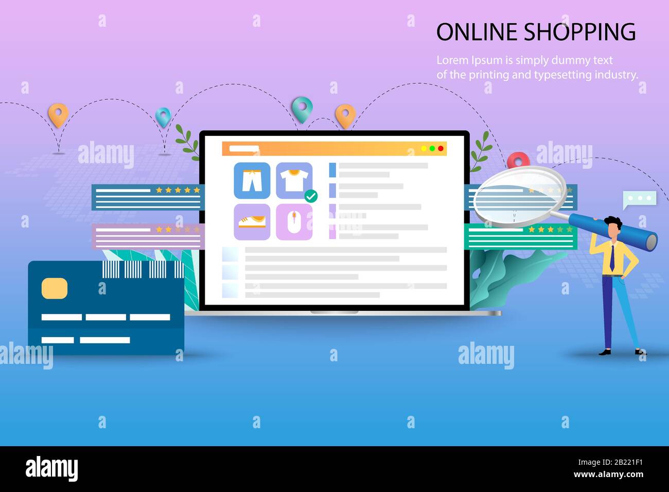 Das Konzept des Online-Einkaufs ist für Geschäftsleute eine große Lupe, die sich auf die Bewertung der Kunden und die Bewertungen der Produkte konzentrieren, die auf dem Display angezeigt werden. Stock Vektor