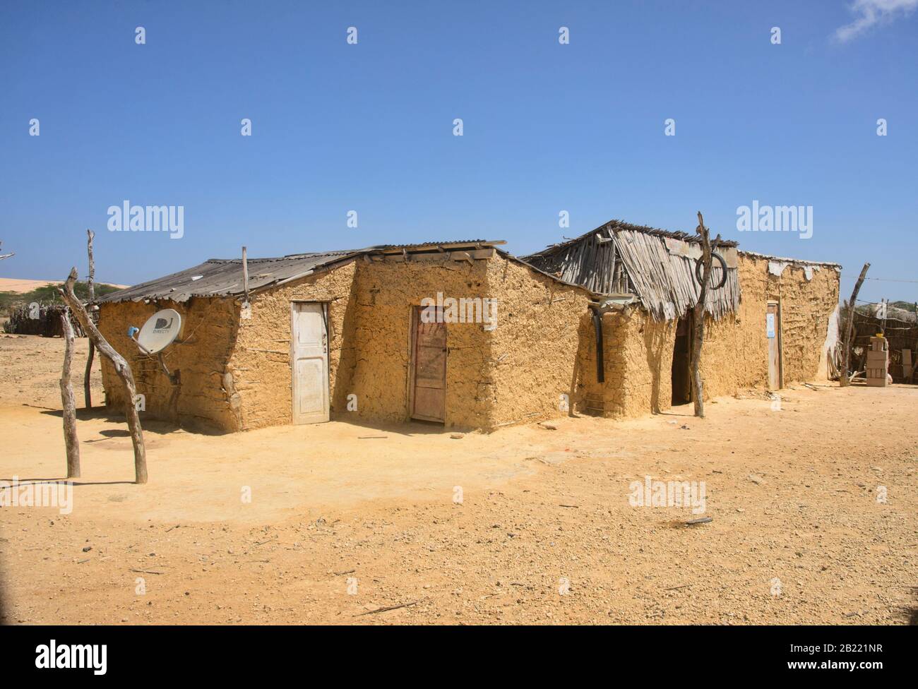 Traditionelle Wayuu-Gemälde in einer Wüstengegend, Punta Gallinas, Guajira, Kolumbien Stockfoto