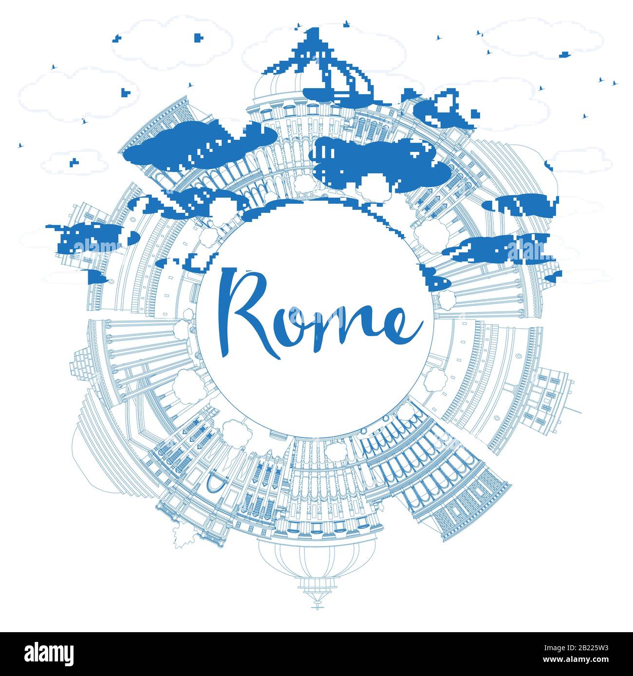 Umrisse Rom Italien City Skyline mit blauen Gebäuden und Kopierräumen. Vektorgrafiken. Business Travel and Tourism Konzept. Stock Vektor