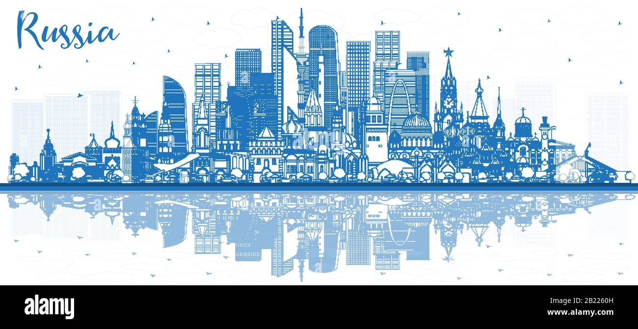 Skizzieren Sie die Skyline von Russland mit blauen Gebäuden und Reflexionen. Vektorgrafiken. Tourismuskonzept mit Historischer Architektur. Russisches Stadtbild. Stock Vektor