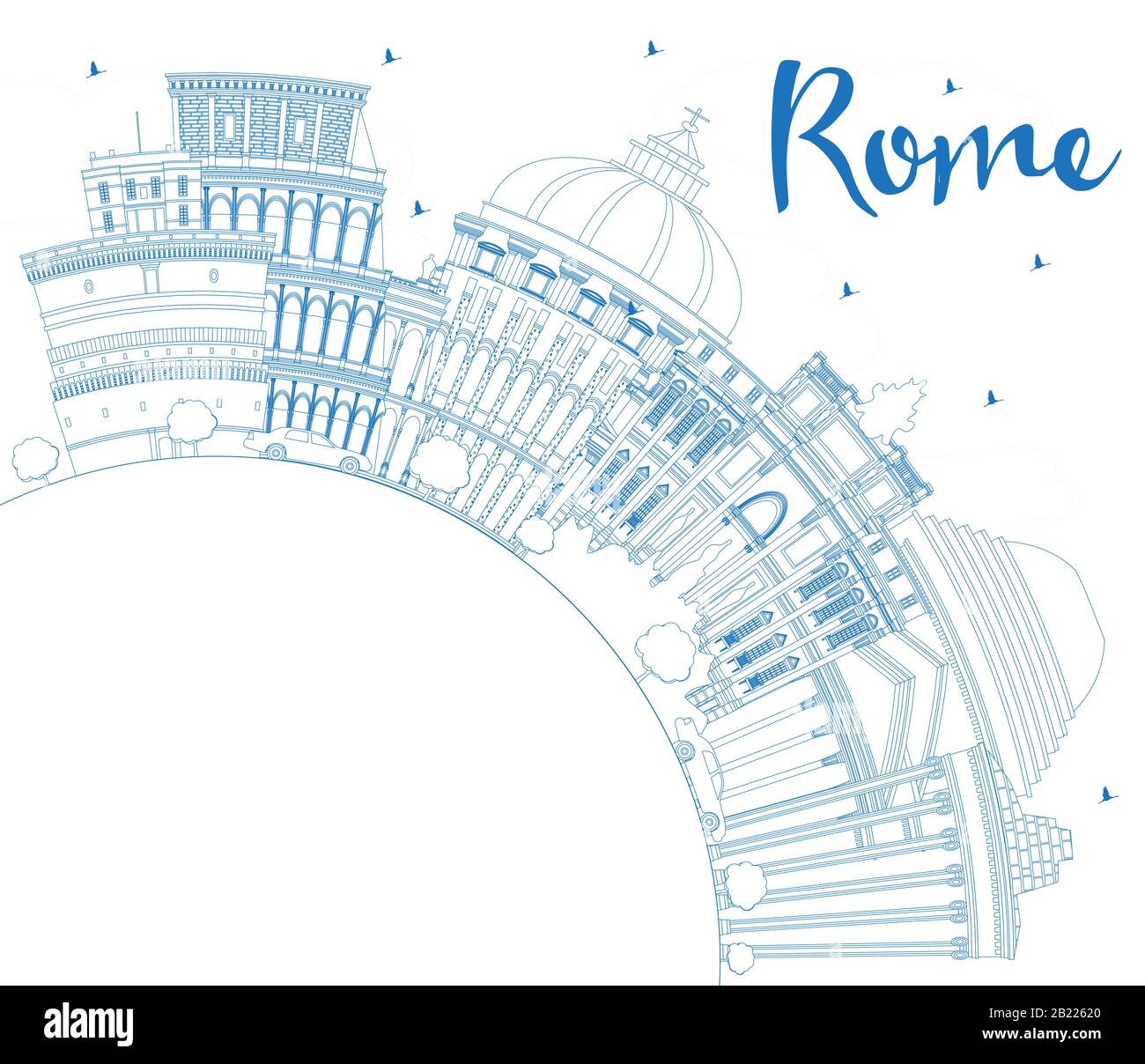 Umrisse Rom Italien City Skyline mit blauen Gebäuden und Kopierräumen. Vektorgrafiken. Business Travel and Tourism Konzept. Stock Vektor