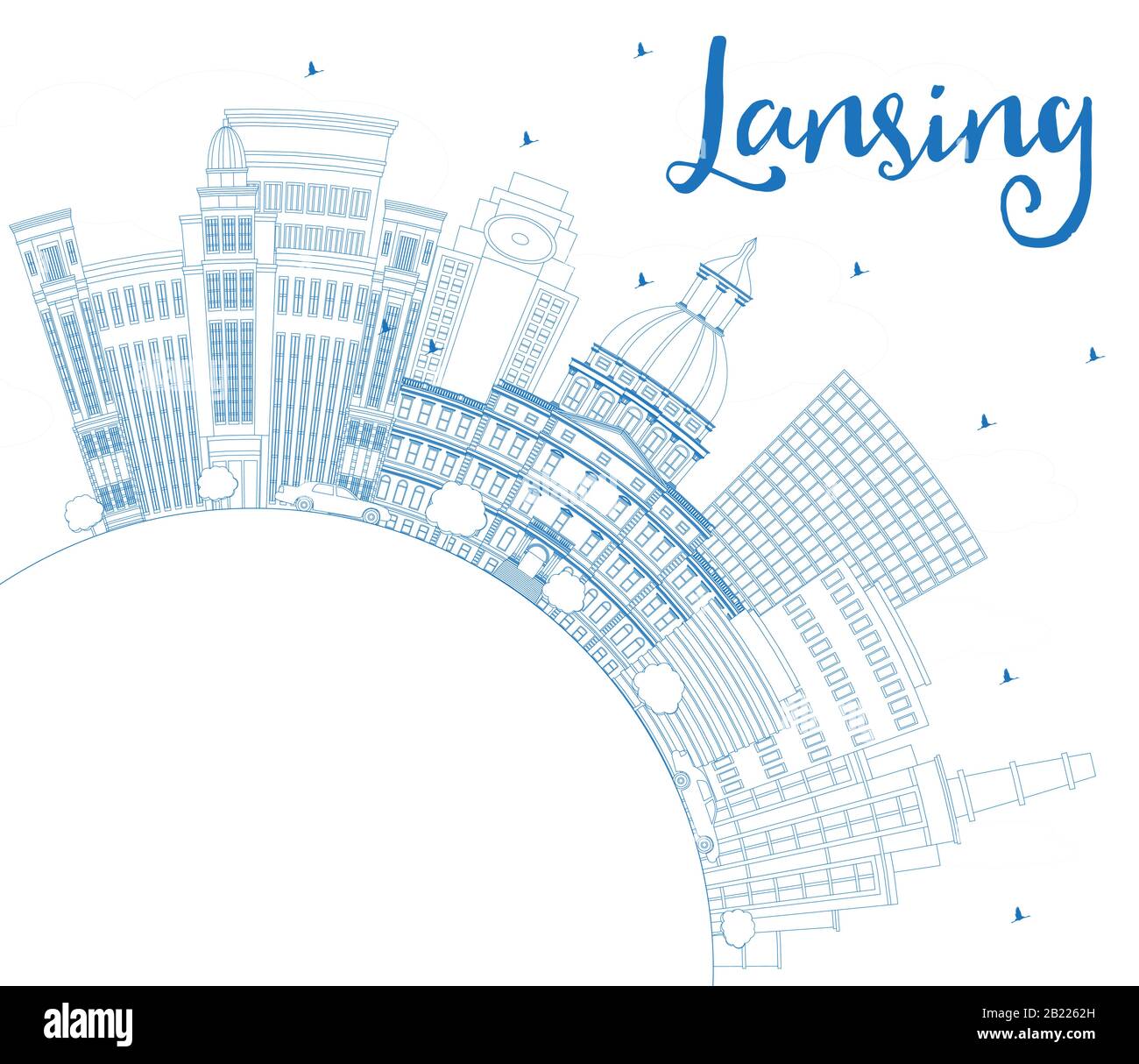 Umrisse Lansing Michigan City Skyline mit blauen Gebäude und Kopieren. Vector Illustration. Business Travel und Konzept mit historischer Architektur. Stock Vektor