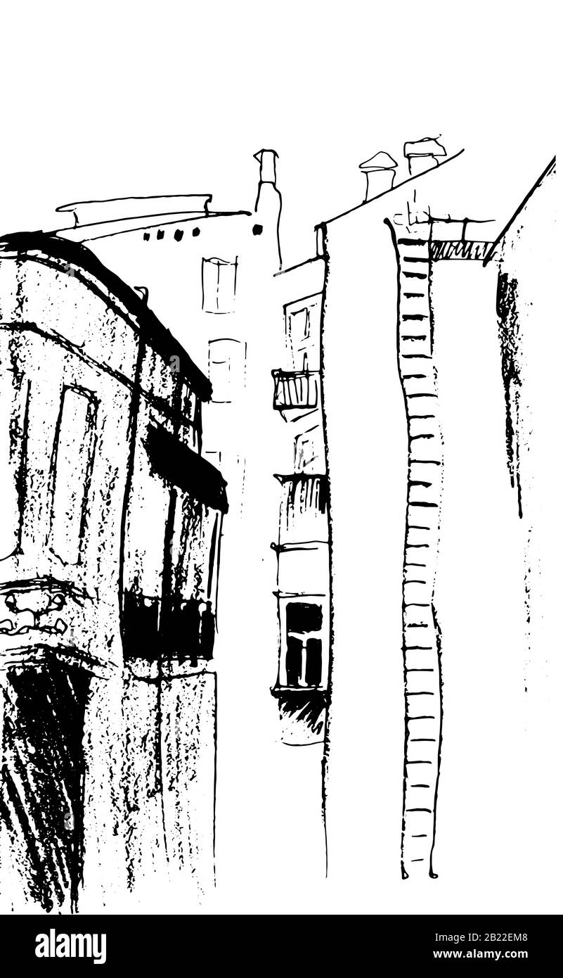 Authentischer alter Hof in Odessa. Skizze für die Tintenarchitektur. Stock Vektor
