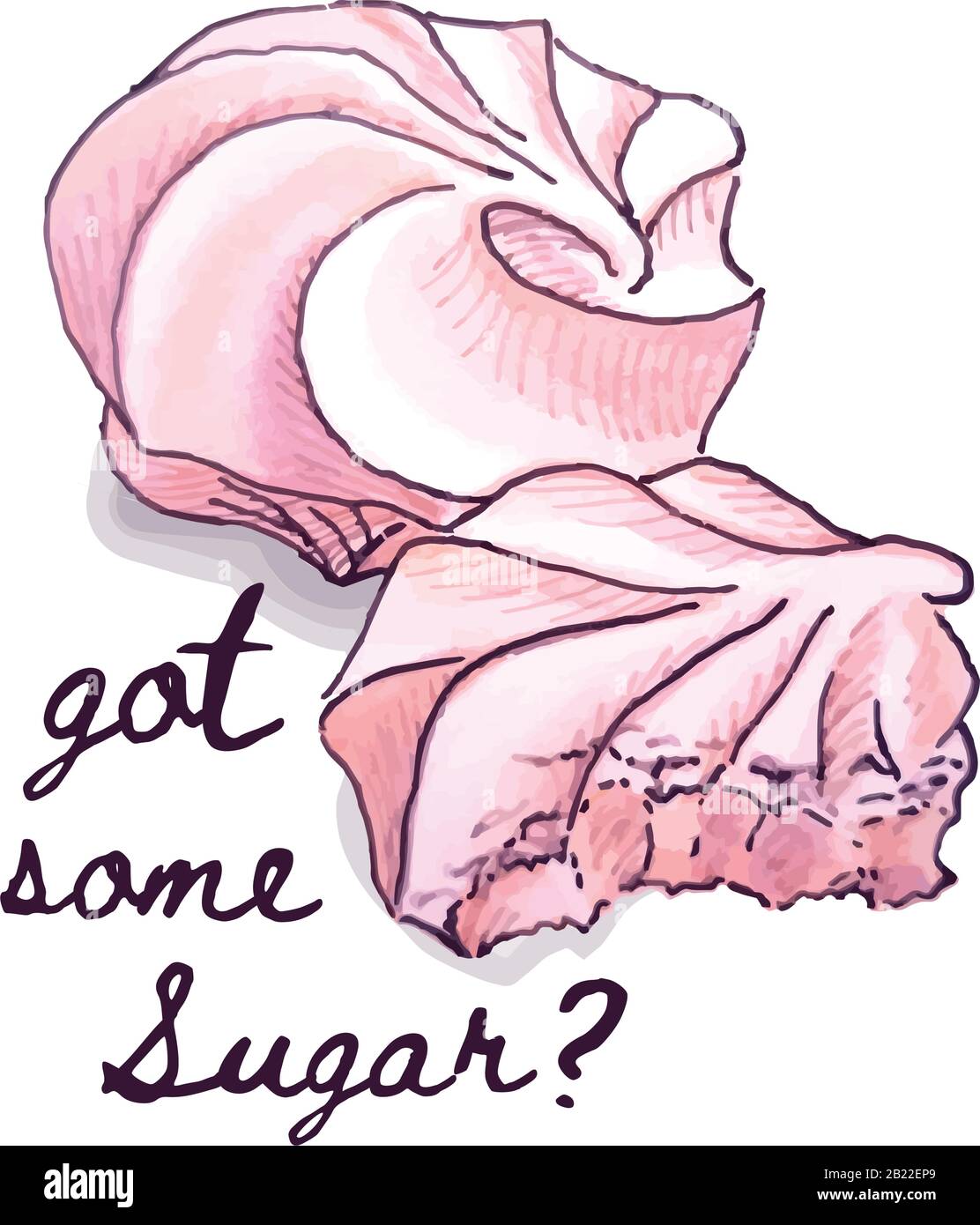 Pinkfarbene Marshmalow handgezeichnete Illustration, mit Schriftzug hat etwas Zucker? Stock Vektor