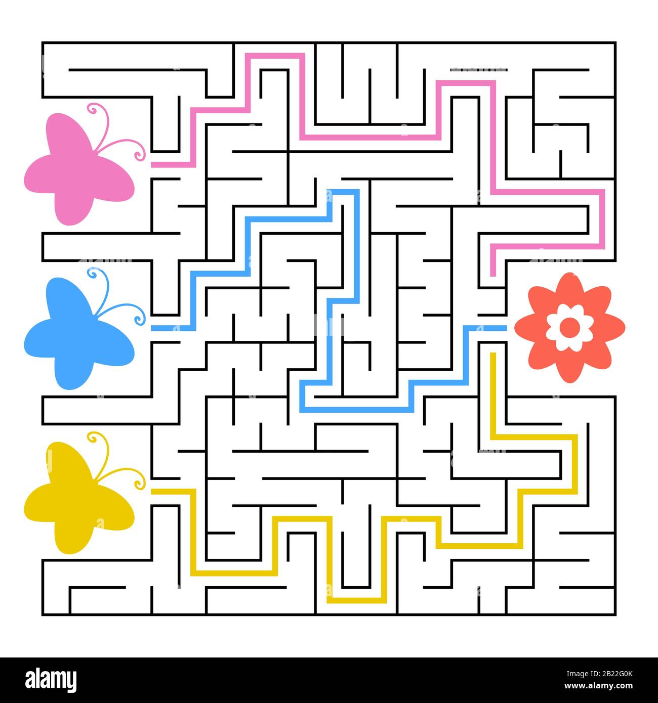 Ein quadratisches Labyrinth. Welcher Schmetterling wird zur Blume fliegen. Einfache, flach isolierte Vektorgrafiken. Mit der Antwort Stock Vektor
