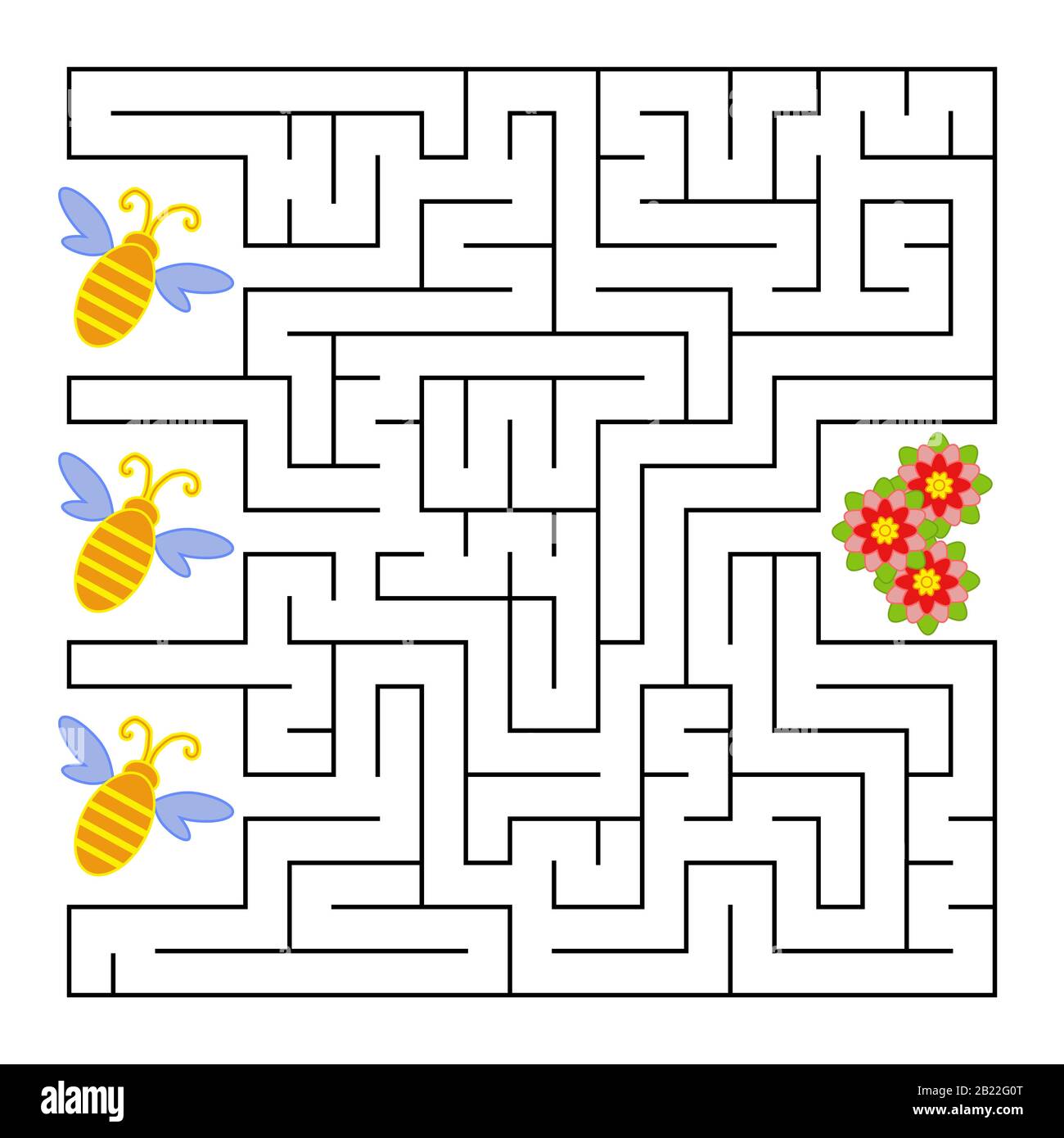 Ein quadratisches Labyrinth. Was eine Biene zur Blume fliegen wird. Einfache, flach isolierte Vektorgrafiken. Mit der Antwort Stock Vektor