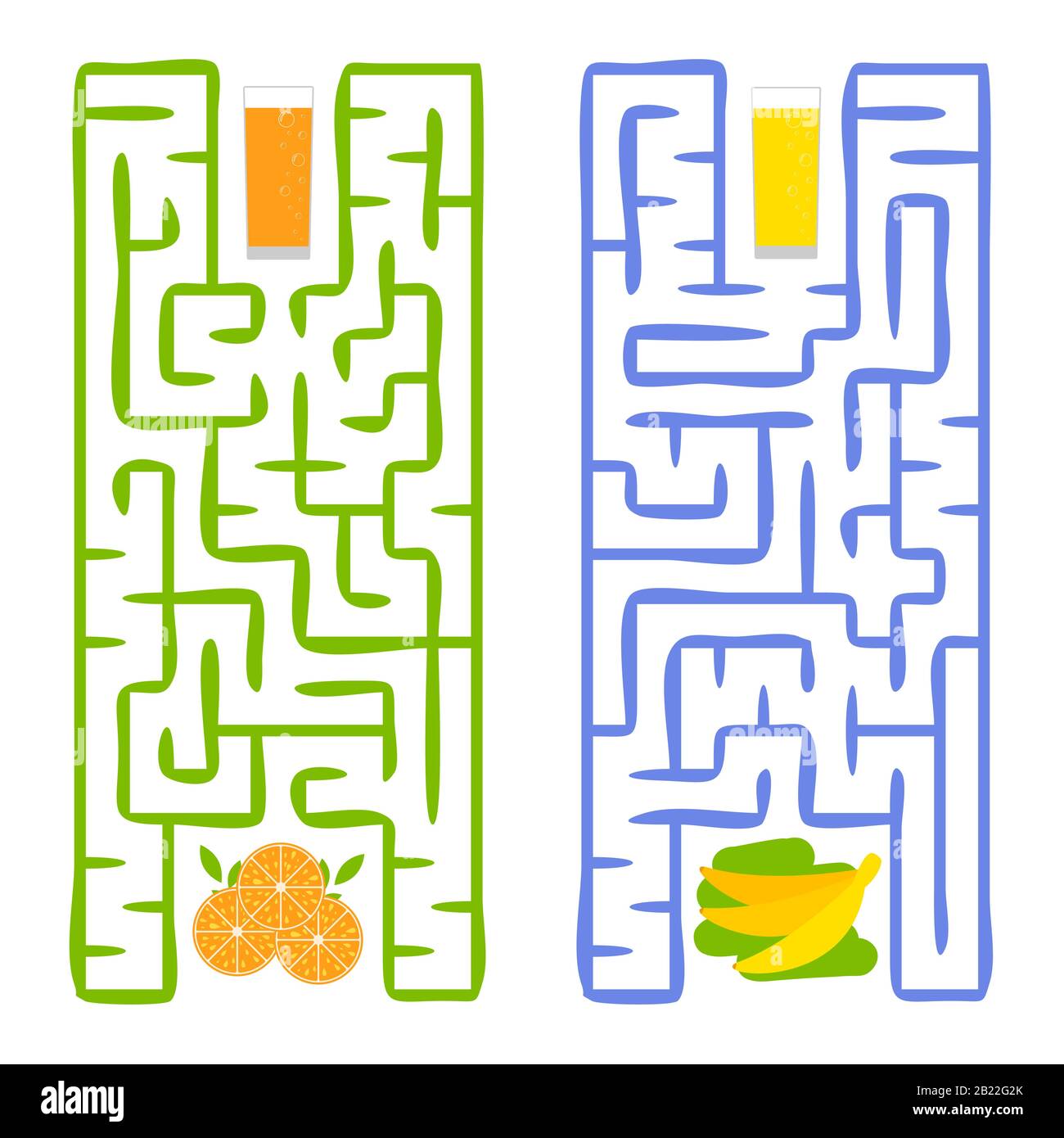 Ein quadratisches Labyrinth. Finden Sie den Weg von Saft zu Obst. Einfache, flach isolierte Vektorgrafiken Stock Vektor