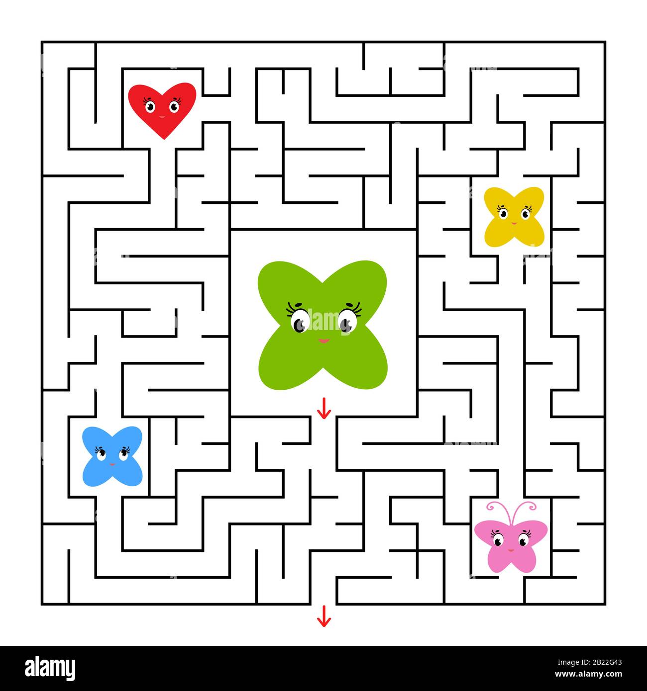 Ein quadratisches Labyrinth. Helfen Sie dem Cartoon, aus dem Labyrinth zu kommen und seine Freunde zu retten. Einfache, flach isolierte Vektorgrafiken Stock Vektor