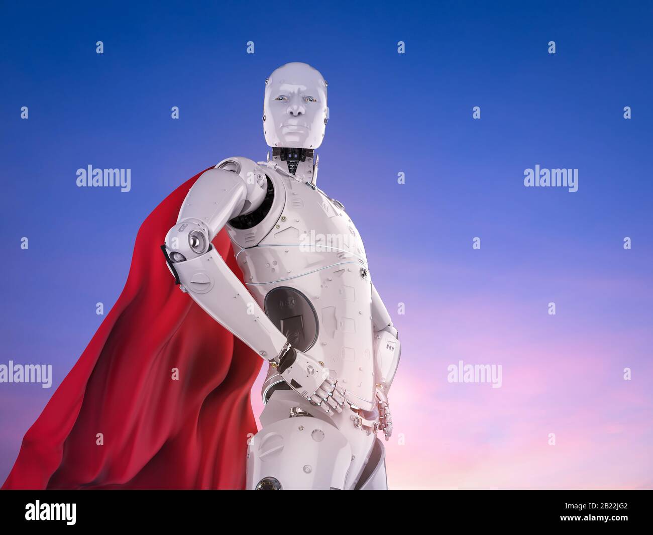 3d Rendering Superhelden Cyborg oder Heldenroboter mit rotem Mantel Stockfoto
