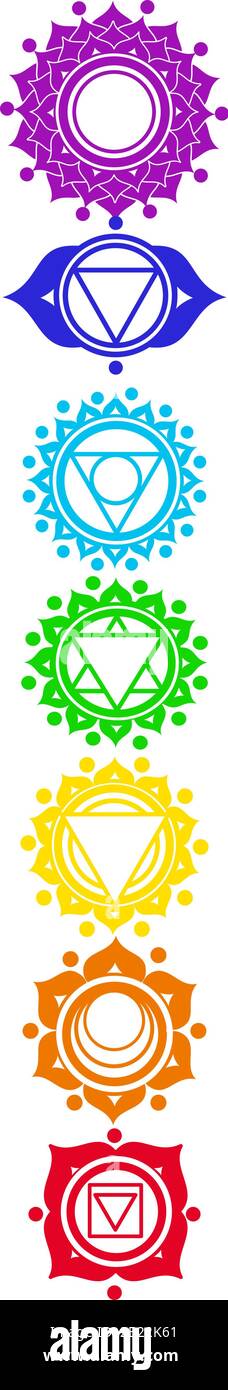 Symbole mit Chakren auf einem isolierten Hintergrund. Chakras-Set: Muladhara, swadhisthana, manipura, anahata, vishuddha, ajna, sahasrara. Stock Vektor