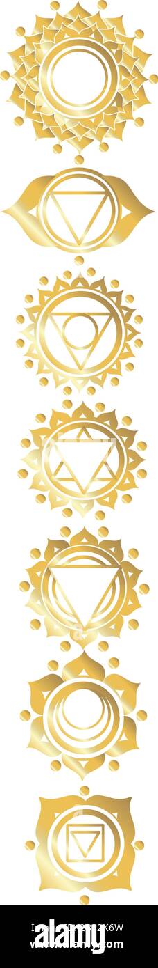 Symbole mit Chakren auf einem isolierten Hintergrund. Chakras-Set: Muladhara, swadhisthana, manipura, anahata, vishuddha, ajna, sahasrara. Stock Vektor