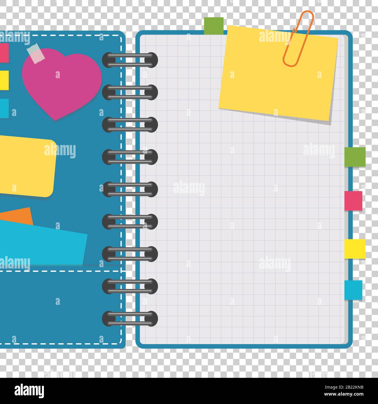 Notepad mit sauberer Bettwäsche eine Spirale mit Bookmarks zwischen den Seiten öffnen. Bunte flachbild Vector Illustration auf einen transparenten Hintergrund isoliert. W Stock Vektor