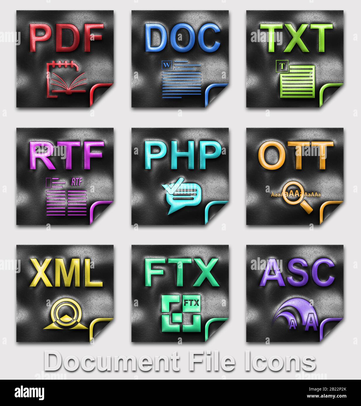 Kreativ gestaltete Icon-Sammlung für Dateitypen, die auf einem Leder geprägt ist Stockfoto