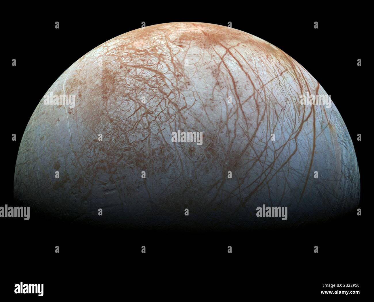 Jupiter - 1995-1998 - Die rätselhafte, faszinierende Oberfläche des Jupiter-Icy-Mondes Europa ist in dieser Farbansicht groß, die aus Bildern der NASA Gal besteht Stockfoto