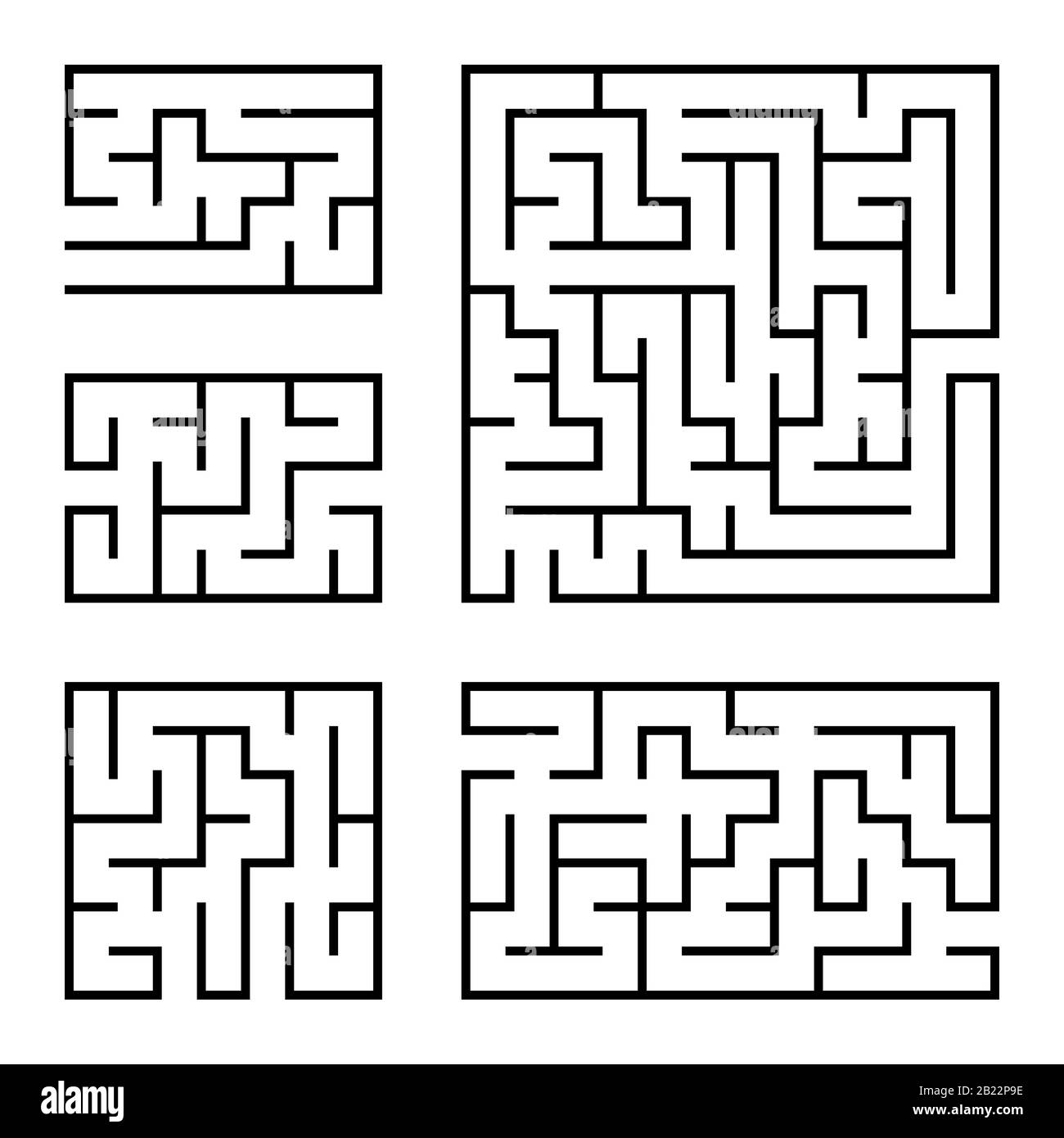 Ein Satz quadratischer und rechteckiger Labyrinthe mit ein- und Ausgang. Einfache flache Vektorgrafiken isoliert auf weißem Hintergrund Stock Vektor