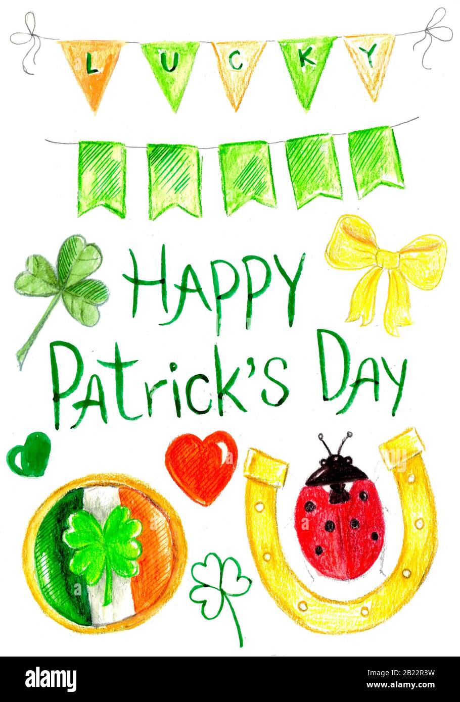 Saint patricks Day, Flaggen, Plätzchen mit irland-flagge, Marienkäppchen, Hufeisenglück, Kleeblätter. Stockfoto