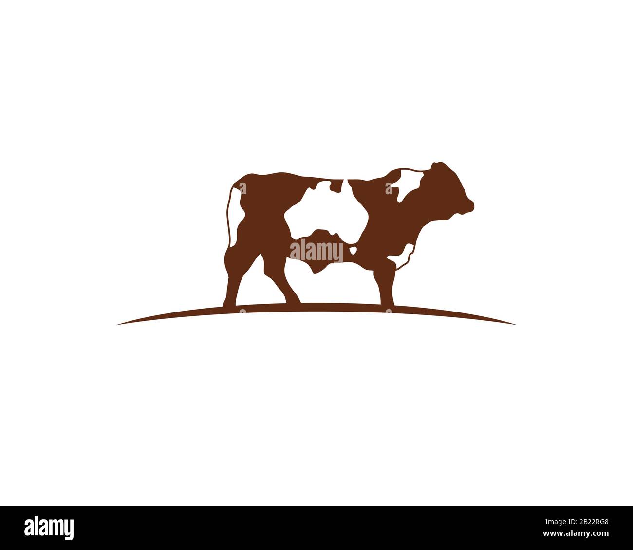 Logo einer braunen Kuh, die auf einem geschwungenen Horizont steht Mit australien Karte als negativer Raum auf der ganzen Haut Stock Vektor