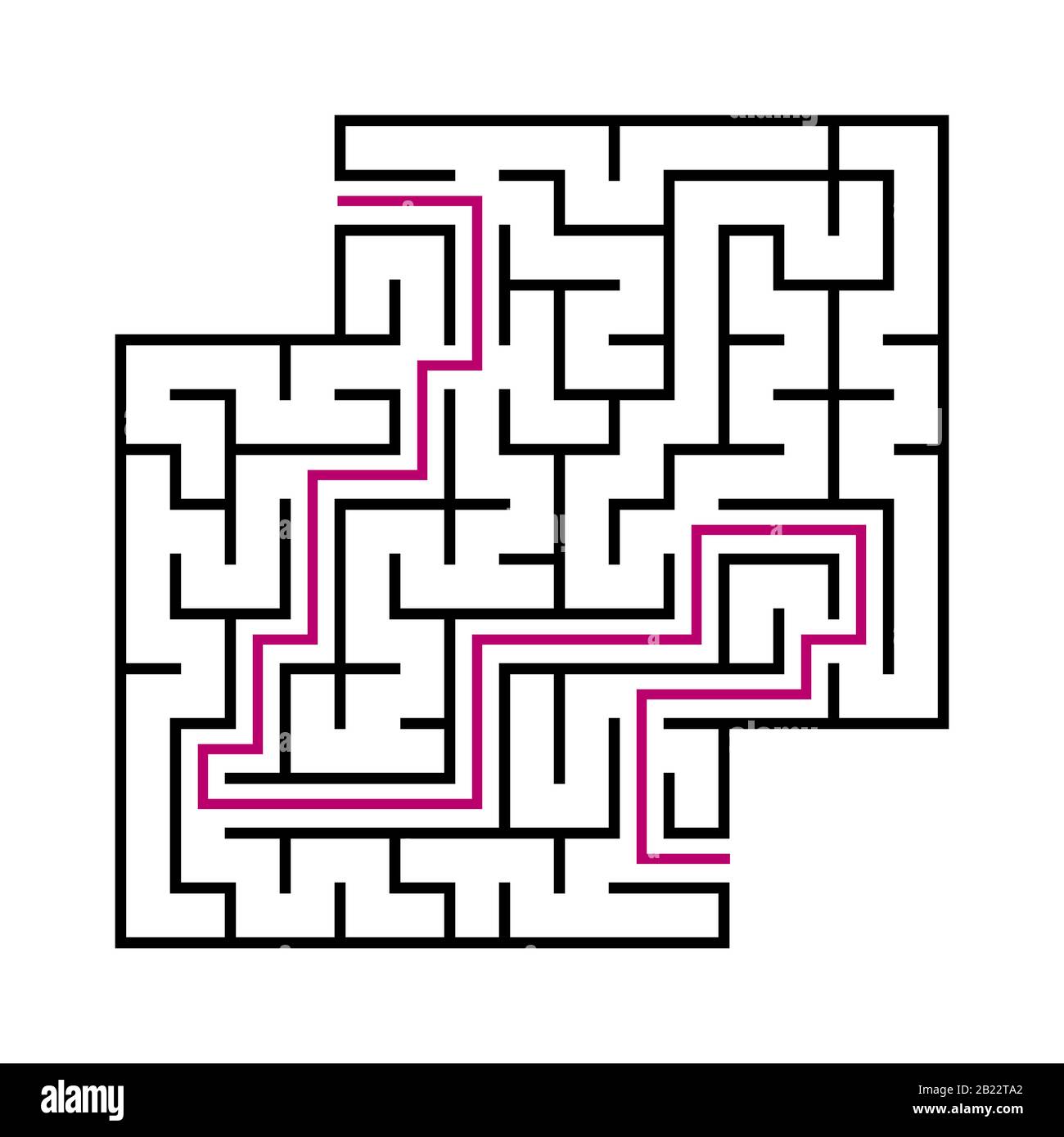 Schwarzes quadratisches Labyrinth für Kinder. Einfache flache Vektorgrafiken isoliert auf weißem Hintergrund. Mit der Antwort. Mit einem Platz für Ihre Bilder Stock Vektor