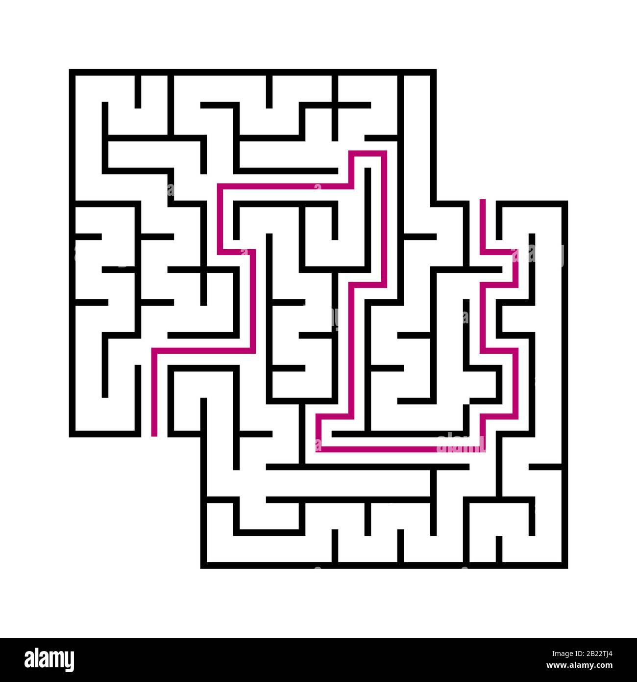 Schwarzes quadratisches Labyrinth für Kinder. Einfache flache Vektorgrafiken isoliert auf weißem Hintergrund. Mit der Antwort. Mit einem Platz für Ihre Bilder Stock Vektor