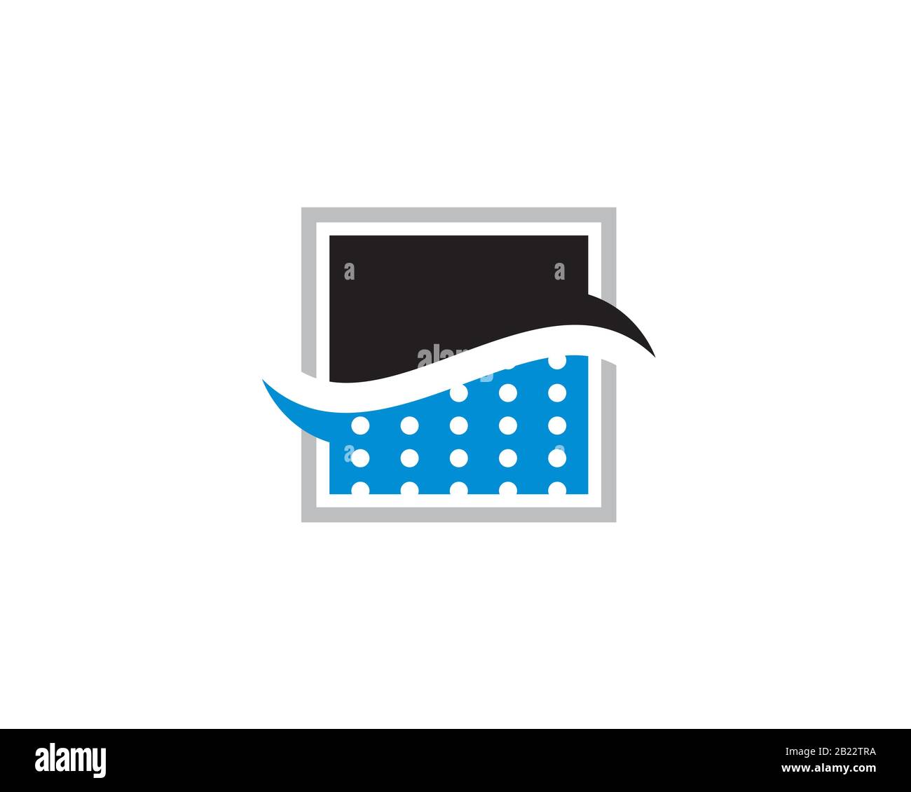 Quadratisches zweifarbiges Logo mit Wellenströmwasser und Tropfen Tröpfchen, die den Filterprozess zeigen Stock Vektor