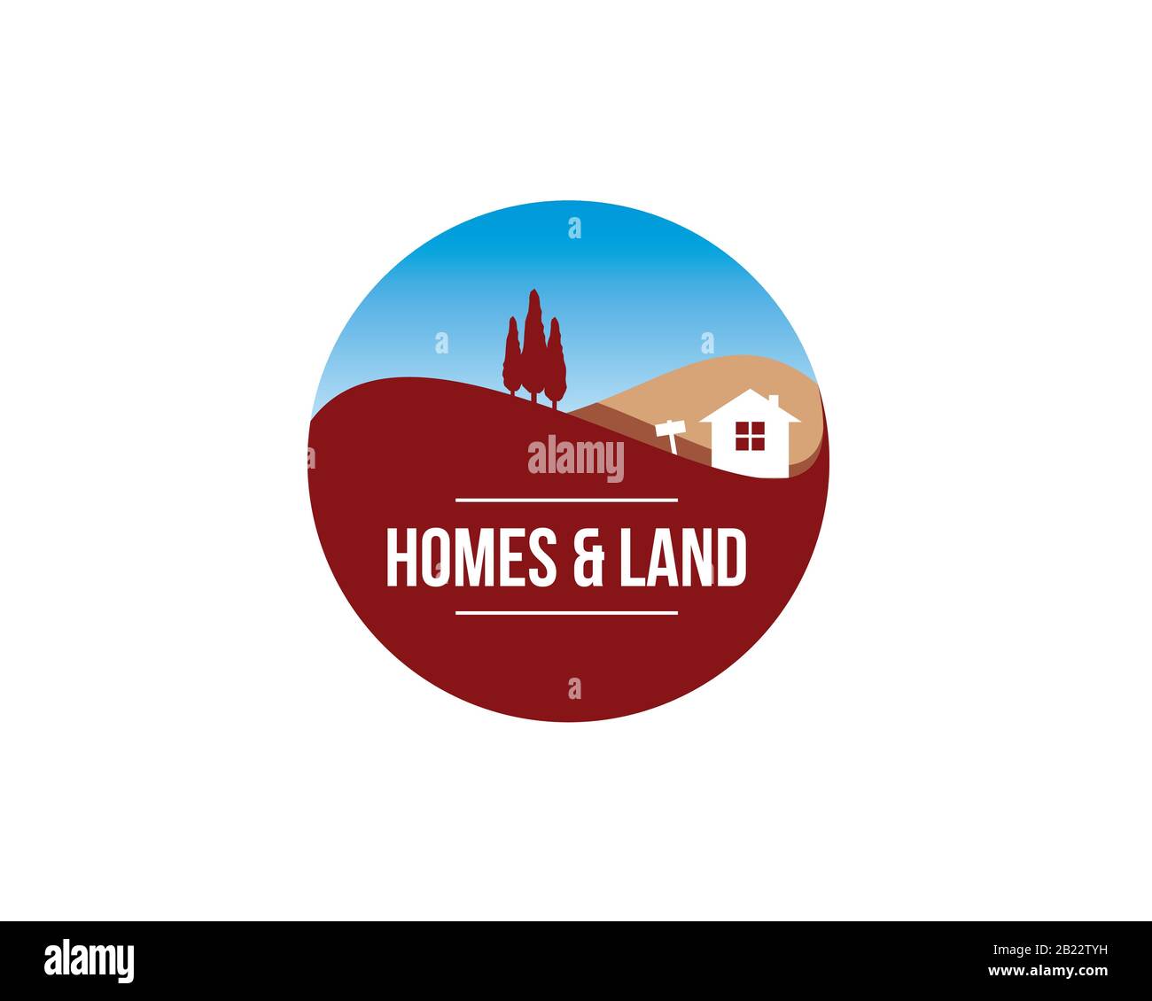 Runde kugelförmige Emblem Logo von Häusern und Land mit Darstellung von Land, Pinien, Hügel, Haus und Beschilderung Stock Vektor