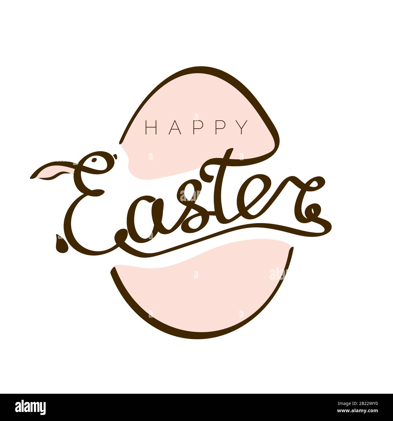 Handgezeichnete Aufschrift Happy Easter mit Kaninchen-Silhouette in E- und Ei-Vorlage. Illustration für Design Headline, Banner und Postkarte. Vektor Stock Vektor