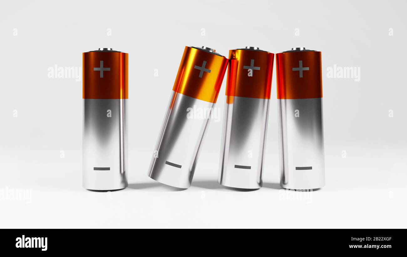 Eine Gruppe von vier einfachen AA-Alkali-Batterien mit zwei Farben isoliert. 3D-Rendering leerer silberglänzender, wiederaufladbarer Leistungszellen mit + und - Symbolen Stockfoto