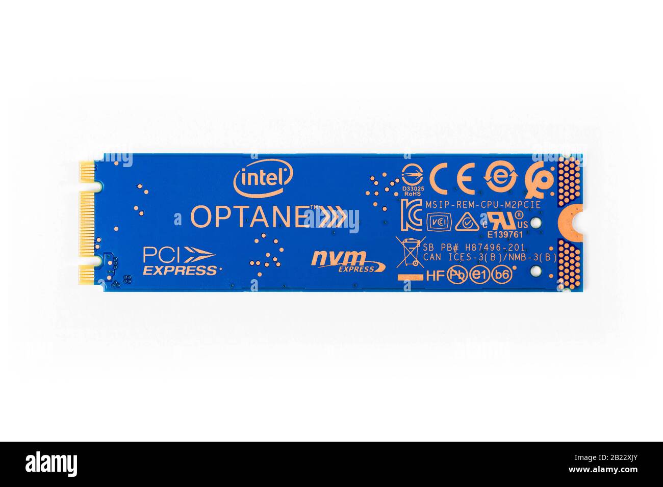 Makro für Intel Optane Memory Stick, Nahaufnahme, isoliert. 3D Xpoint fast nichtflüchtige Speichertechnologie, ssd, NVRAM, Cross Point Memory Tech Concept Stockfoto