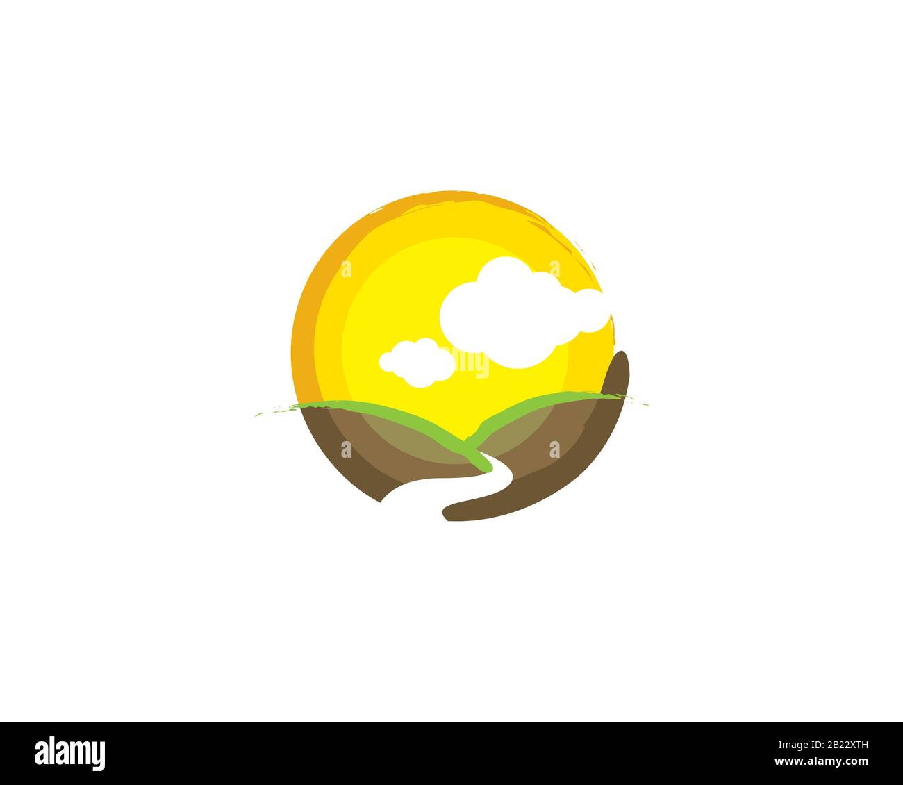 Landseite Berg landsacape Blick mit Wiese Land Bauernhof Kiefer Bäume Fluss Bach weiße Wolke und große gelbe Sonne als Hintergrund Stock Vektor