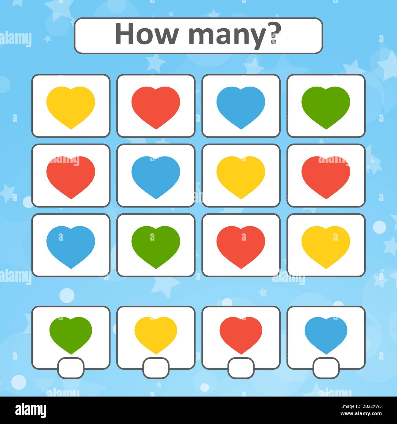 Spiel für Vorschulkinder. Zählen Sie so viele Herzen auf dem Bild, und notieren Sie das Ergebnis. Mit einem Ort für Antworten. Einfacher flach isolierter Vektor illu Stock Vektor