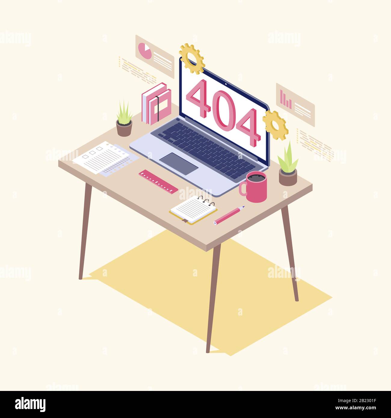 404-Fehler auf der isometrischen Abbildung auf der Laptop-Anzeige. IT-Spezialist, Analystenarbeitsplatz. Vorbereiten der Netzwerkfehlerstatistiken. Server nicht gefunden, kaputt Stock Vektor