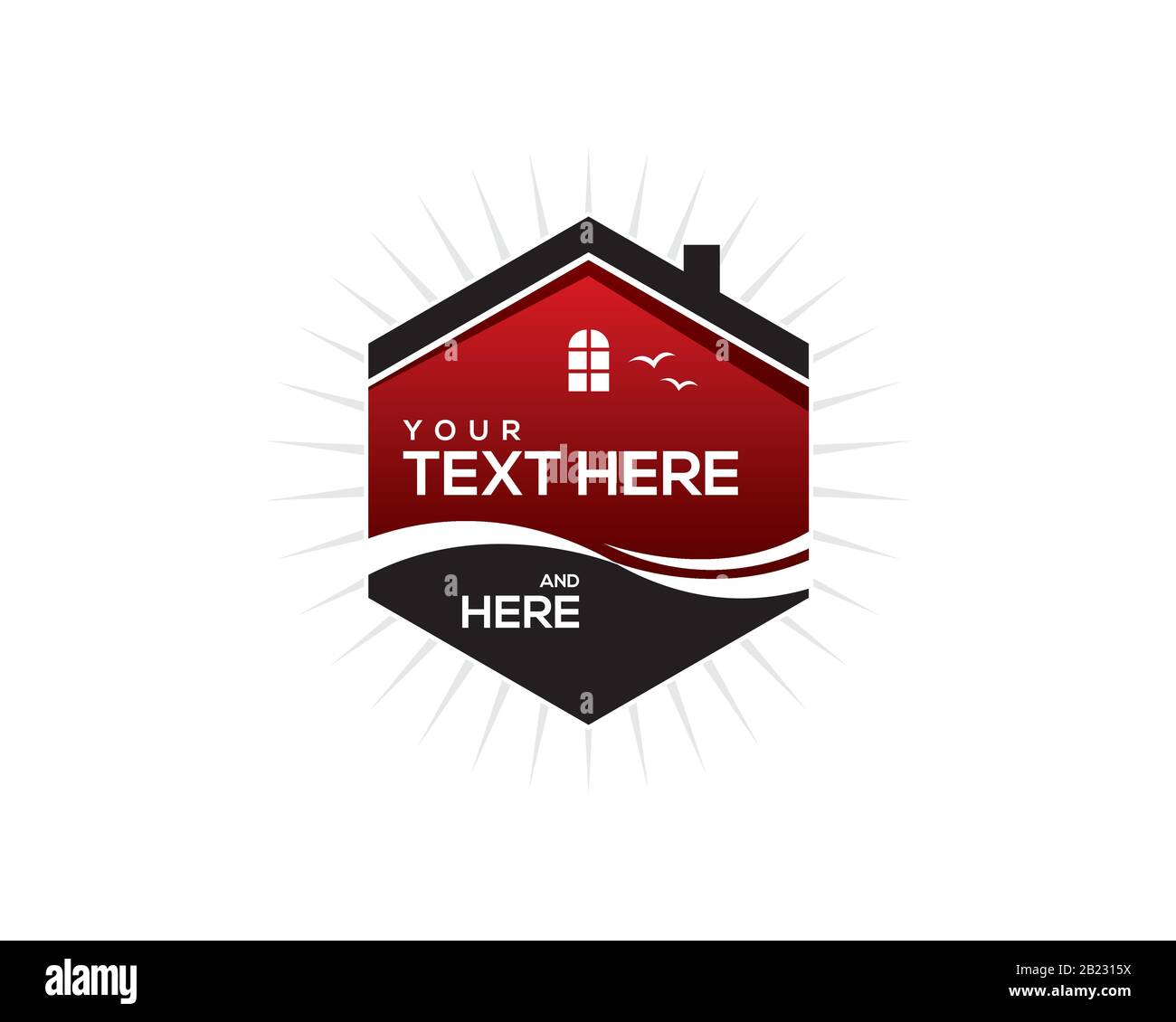 Rot schwarz Hexagon Meer Immobilien Emblem Logo-Vorlage mit Dach, Fenster, Wasserstrahl und Vögel Stock Vektor