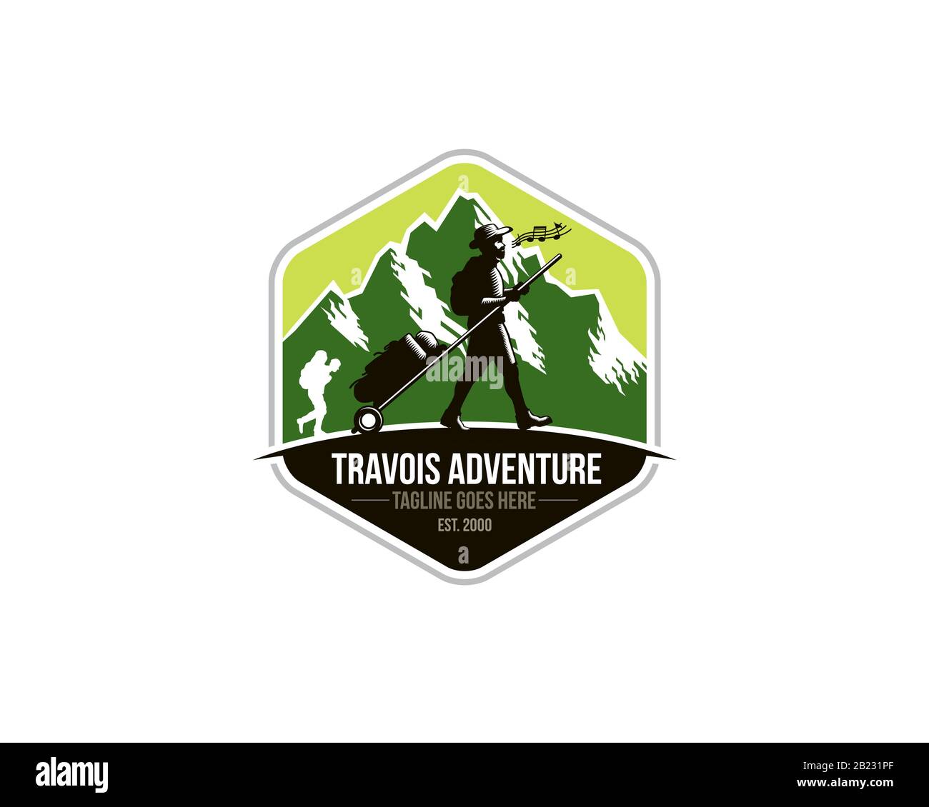 Emblem-Logo von Sherpa-Trekker Travois auf dem Boden vor den Bergen Stock Vektor