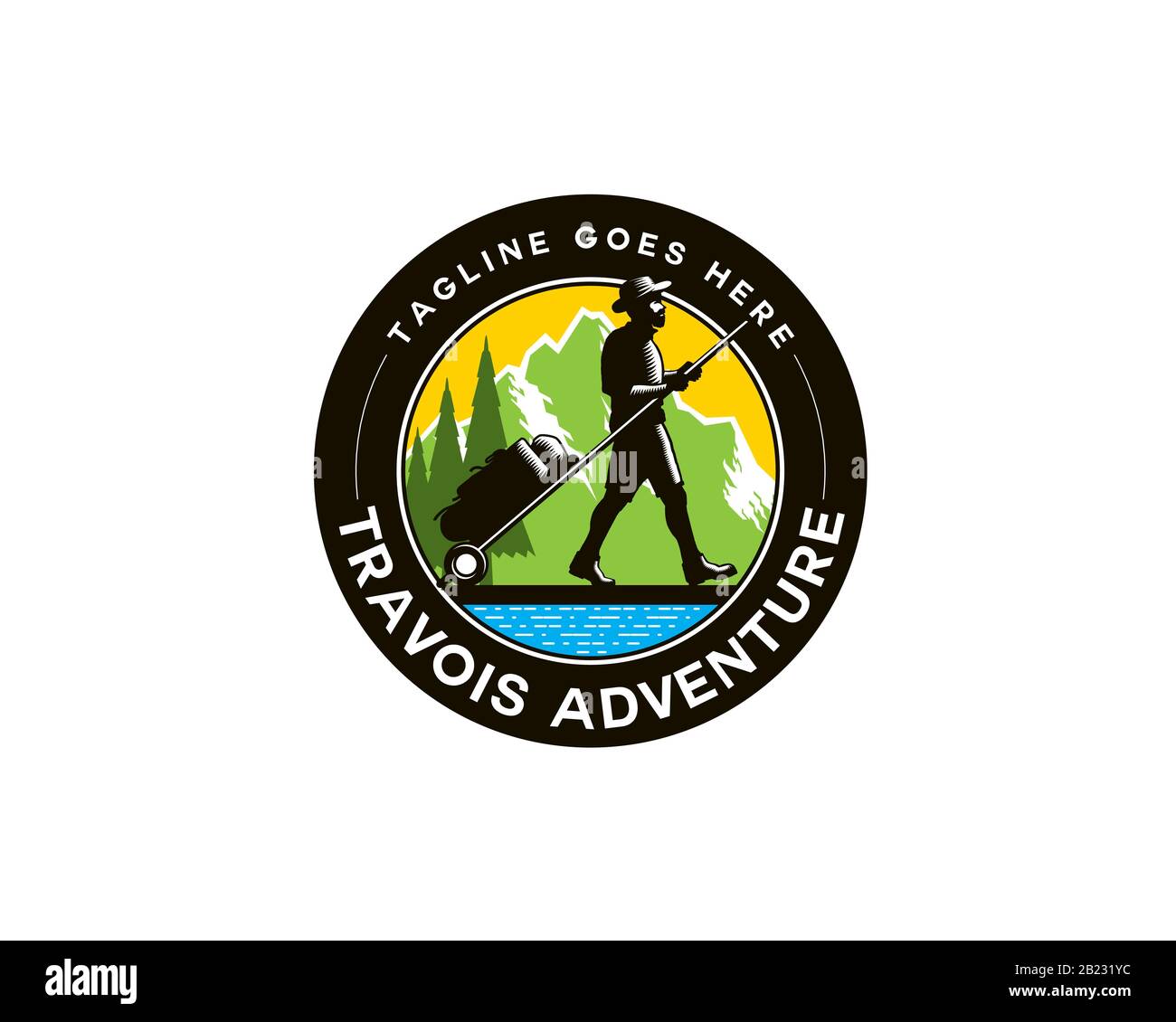 Emblem-Logo von Sherpa-Trekker Travois auf dem Boden vor den Bergen Stock Vektor